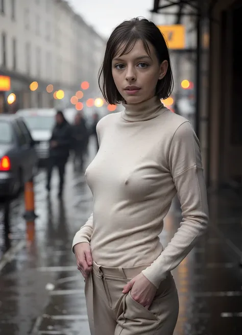 paparazzi shot of SCANTILY CLAD MILLIE BOBBY BROWN, RAW portrait photo of beautiful young sks woman, Turtleneck bodysuit and high-waisted trousers, DRIPPING WET, IN RAIN, natural lighting, by Peter Lindbergh, detailed face, UHD, absurdres, epic scene compo...