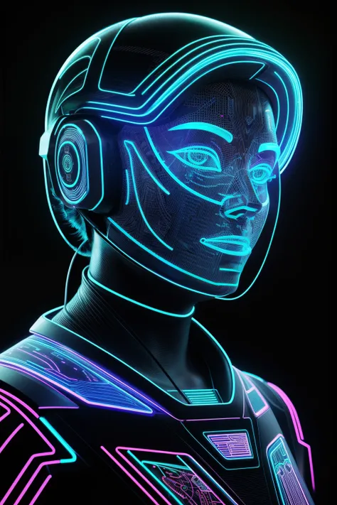 Hologram of neon "Artificcal intelligence" on dark black background, in the style of cybernetic punk, iridescent light, precise detailing, circuitry, engraved line-work, sea punk, contour line, portrait photography, 3d render