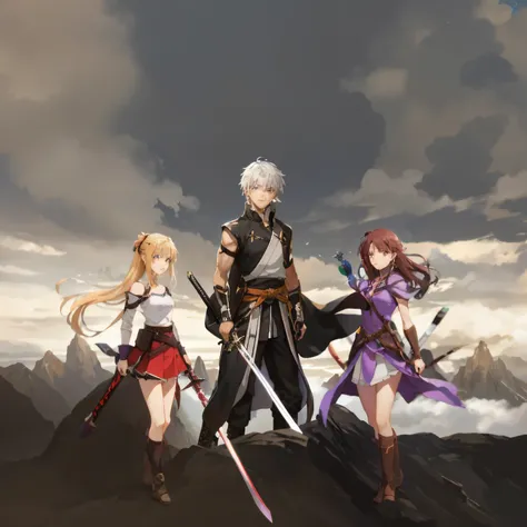 anime characters standing on a mountain with swords in their hands, key art, anime in fantasy style, anime style like fate/stay night, visual novel key visual, badass anime 8 k, visual novel cg, 2. 5 d cgi anime fantasy artwork, jrpg character art, anime k...