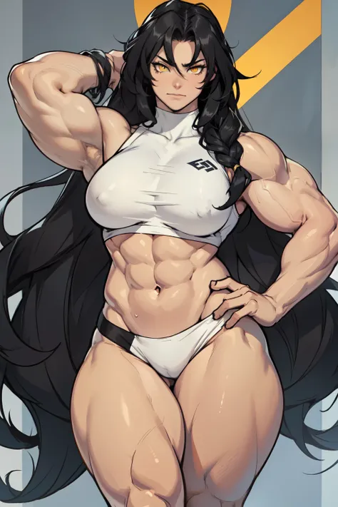 (((muscular 1girl))) ((thick thighs toned body )) (pale skin) black hair yellow eyes very long hair curly hair hair between eyes