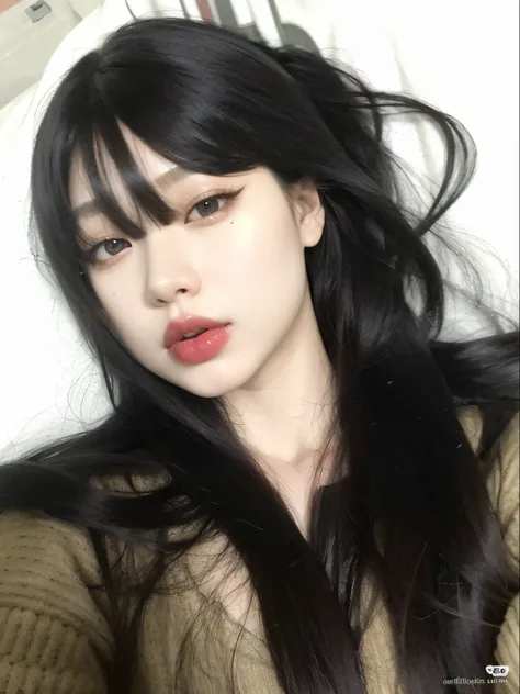 um close up de uma mulher com longos cabelos pretos e uma camisola, cruel korean goth girl, Ulzzang, pale porcelain white skin, korean symmetrical face, preto hime corte cabelo, Ela tem cabelo preto com franja, cabelo whitebangs cabelo, pale milky white po...