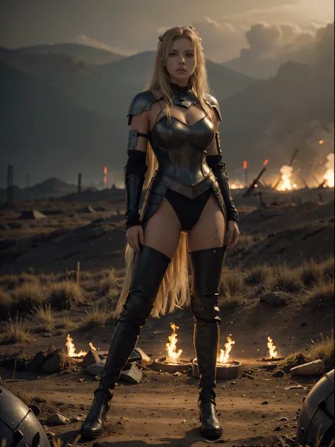 full body, panoramic image, woman dressed in knights armor, long, blond, muscular, spattered with blood, on a flaming night battlefield red yellow black dominant colors