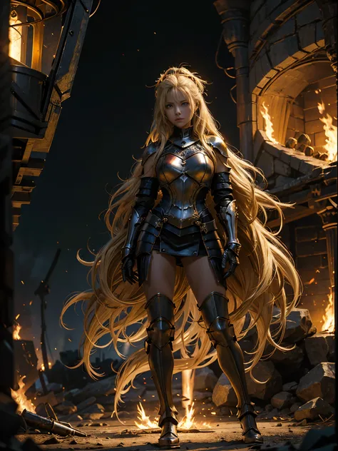 full body, panoramic image, woman dressed in knights armor, long, blond, muscular, spattered with blood, on a flaming night battlefield red yellow black dominant colors