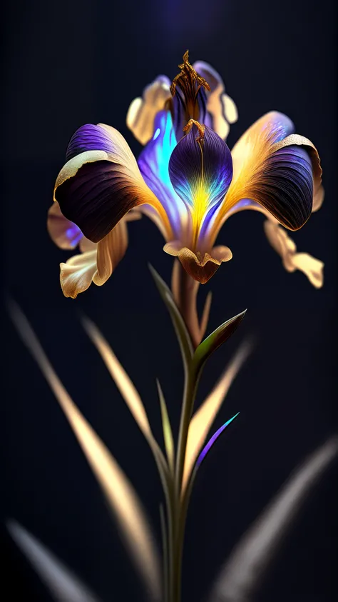 Iris flower, super transparent, holy light, beautiful spectrum light, petals glowing, shimmering, dark background, transparent light drops, reflected light, bright, light streaming in, optical, portrait silhouette, sharp focus, magical, intricate, hyper-re...