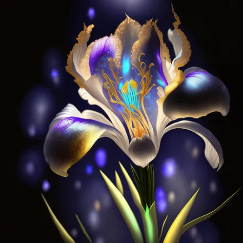 Iris flower, super transparent, holy light, beautiful spectrum light, petals glowing, shimmering, dark background, transparent light drops, reflected light, bright, light streaming in, optical, portrait silhouette, sharp focus, magical, intricate, hyper-re...