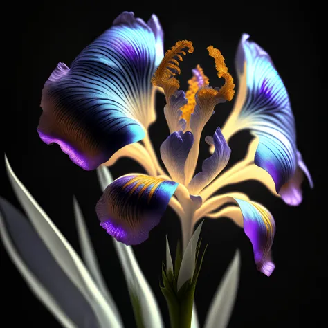 Iris flower, super transparent, holy light, beautiful spectrum light, petals glowing, shimmering, dark background, transparent light drops, reflected light, bright, light streaming in, optical, portrait silhouette, sharp focus, magical, intricate, hyper-re...