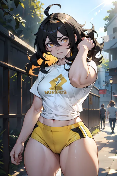 (((muscular 1girl))) ((thick thighs toned body )) (pale skin) black hair yellow eyes curly hair hair between eyes (bokeh god rays) ahoge tight shirt shoulder lenght hair