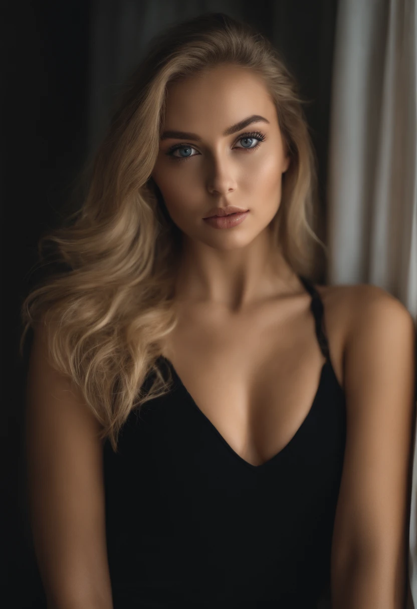 oman with matching black tank top and panties, fille sexy aux yeux bleus, Portrait Sophie Mudd, Portrait de Corinna Kopf, cheveux blonds et grands yeux, selfie of a young woman, ohne Maquillage, maquillage naturel, Look directly into the camera, Visage ave...