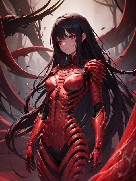 masterpiece, dark biopunk girl, dark red skin, dark eyes, long styled hair, biopunk clothes, short cloting, biomechanical hands, biopunk background, bloody meat tentacle landscape