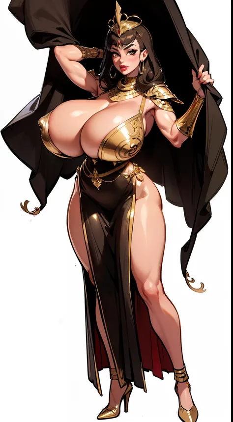 ((masterpiece)),(((best quality))),((character design sheet)), ((full body view)) ((egyptian queen)) mature face, ((middle eastern eyes:1.4)), ((gown)), (((intricate breastplate))), defined cheekbones, high cheekbones, illustration, muscular, ((cyber gold:...