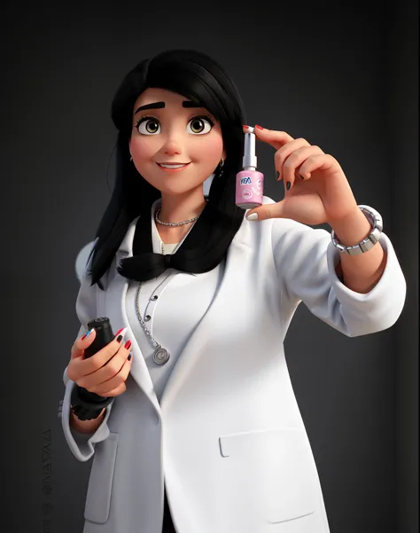 pixar style 3d woman with black hair holding nail polish and dressed in a white coat and a grinder in the other hand