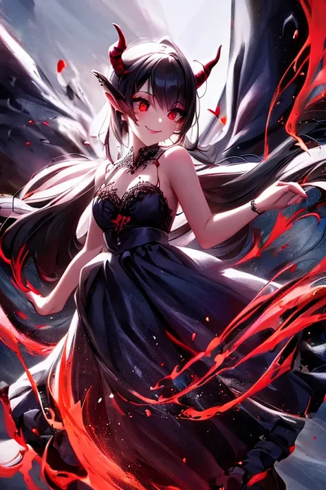 a (horned demon girl) smiling, wearing a lace cloth dress, black hair, red smokey eyes makeup, hair accesories, dramatic magic floating pose, (full body).