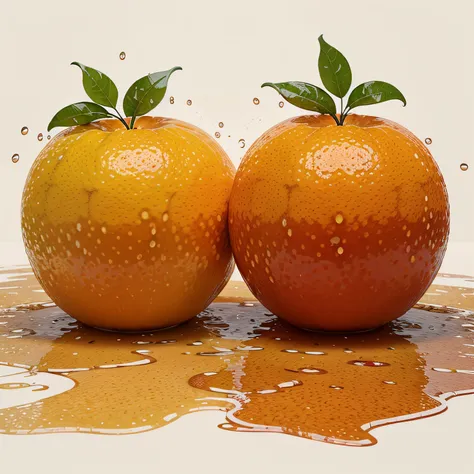 there are two oranges with leaves and water splashing on them, a beautiful artwork illustration, in style of digital illustration, orange, high quality illustration, fight with oranges, digital painting highly detailed, oranges, berries dripping juice, hig...