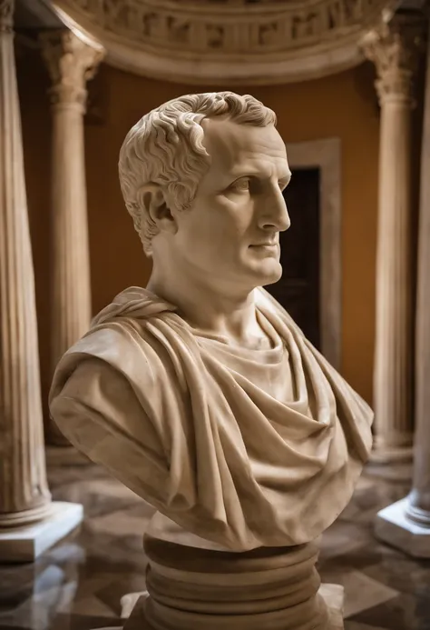 A photo of Cicero examining a marble statue of Cato the Younger.,Roman Republic,Marcus Tullius Cicero has a slender and tall build with a prominent forehead and high hairline. He has a long, thin face, a straight nose and a sharp chin. He has expressive an...