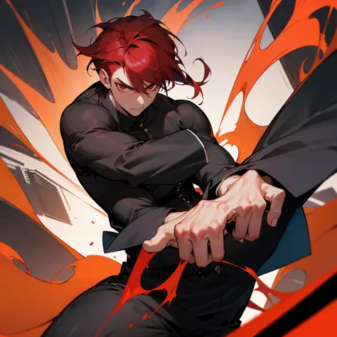 1man, muscle, dark aura surround him, red eyes, wriothesleys hairstyle, wearing black uniform, using knuckle duster, no bad finger, city, ultra res, 8K, masterpiece, looking at viewer