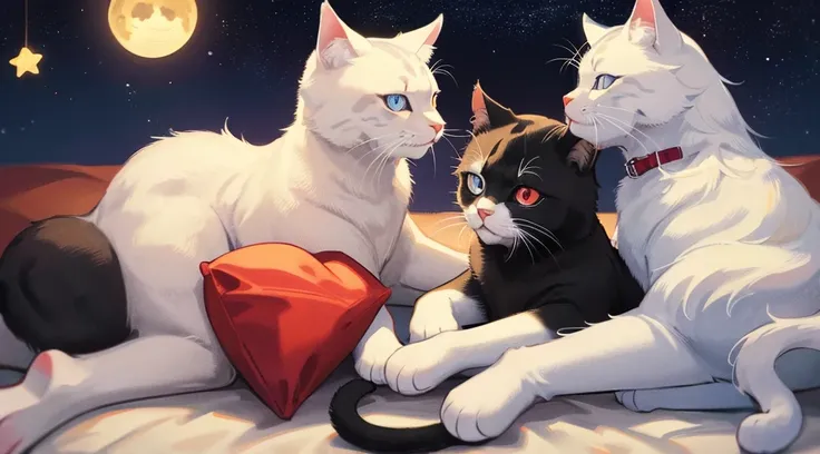 White cat blue eyes next to a black cat with red eyes couple at night stars illustration