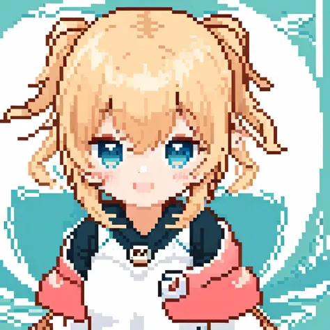 (masterpiece, best quality), pixel art, 1 girl, cute, upper body, bust up, anime style, illustration, light smile, dynamic, blonde hair and blue eyes, detailed, visual novel sprite, flat anime style, made in rpg maker, lofi portrait, 8k