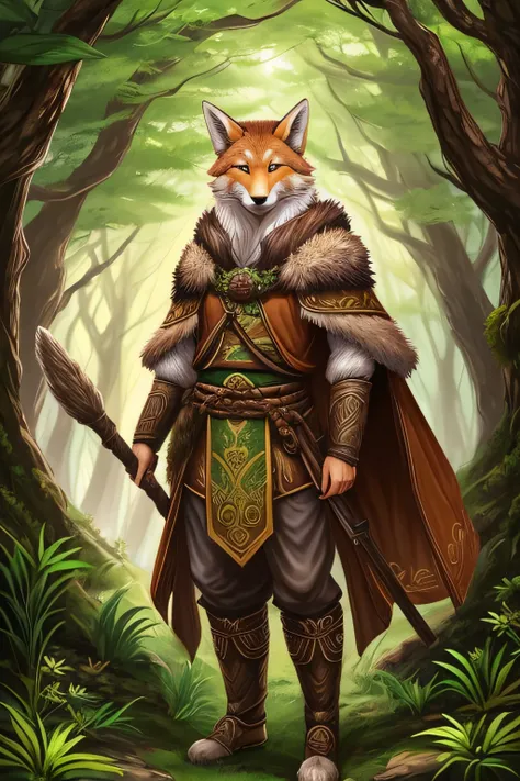 a male druid character of the kitsune race, com roupas verdes com algumas plantas, um cajado de madeira com a ponta em forma de lua na mao direita com um fundo de uma floresta