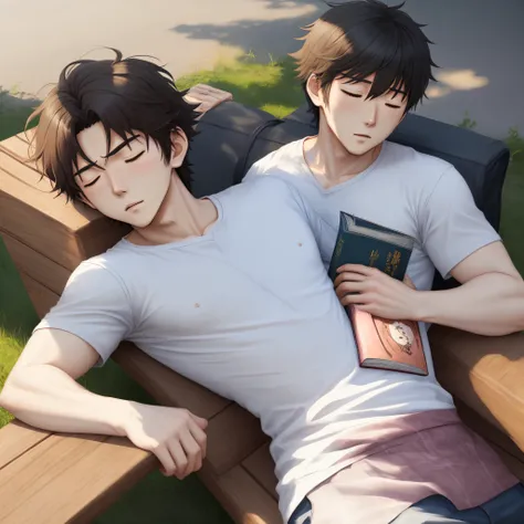 man sleeping on a bench、Anime style、There&#39;s a book on my chest