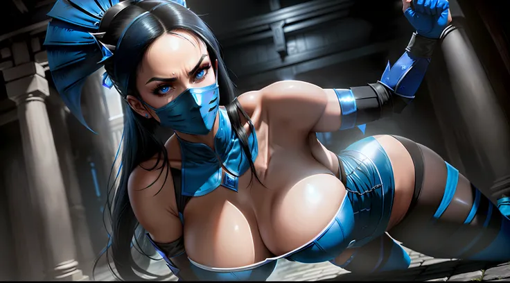 ((kitana from mortal kombat series))(she has big glowing blue eyes)(red lips) (long straight black hair)((very huge breasts)) (perfect slim body) (she wears blue outfit and mask, long blue gloves long blue stockings) (hold on hand 2 metal fan) (she is insi...