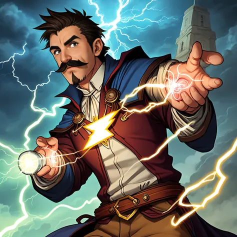 Create a wizard with electrical powers with a small goatee and a cartoon-style lightning mustache