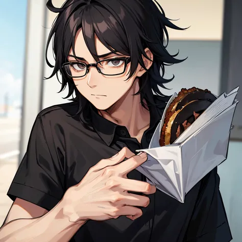 Young male with black, messy hair. Thin, black glasses perched on nose, bored expression. Wearing fast food uniform.