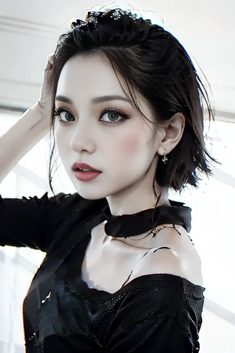 1 girl (adult female: 1.2) witch yakuza araffe woman with black eyes and black stylized clothing posing for a photo, Korean girl, looking sensually, Korean woman, tight clothing, elegant pose, cute, front view, beautiful face and exquisite details