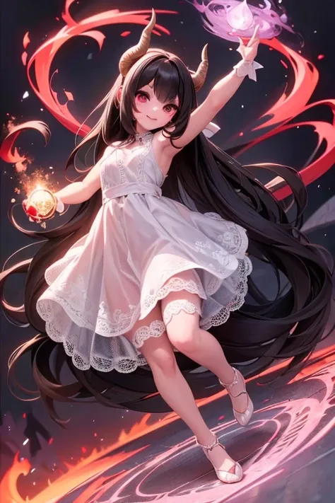 a (horned demon girl) smiling, wearing a lace cloth dress, black hair, red smokey eyes makeup, hair accesories, dramatic magic floating pose, (full body).