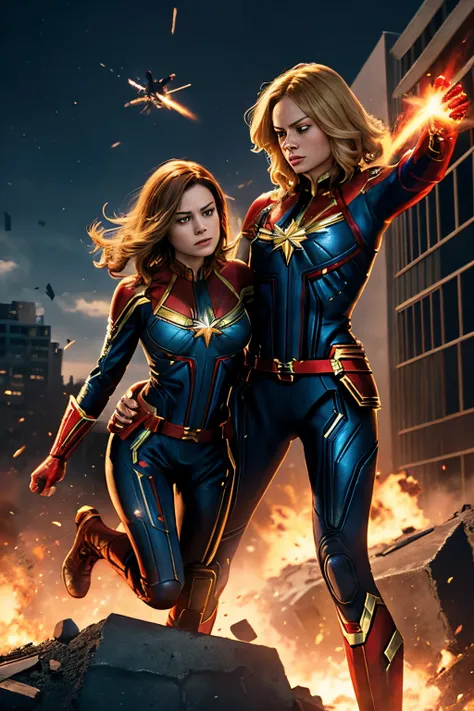 Captain Marvel vs Jean Gray the two are in a deadly battle, several buildings are fallen and several people are injured trying to leave the environment in which the two are fighting, Captain Marvel is taking advantage, full body.