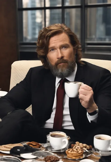 A photo of Harvey lounging on a bean bag chair in the office, surrounded by empty coffee cups and snack wrappers, with a bored expression on his face.,Gotham,Harvey is an older male, with ginger and grey shaggy hair and beard, wears a suit and tie and fedo...