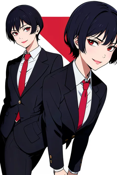 Cute girl, short hair, wearing a formal suit, Tie, big chest, sexy, lipstick, Smiling face, beautiful eyes, black hair, Hair neat and combed, with a red (X) behind it, Combat stance