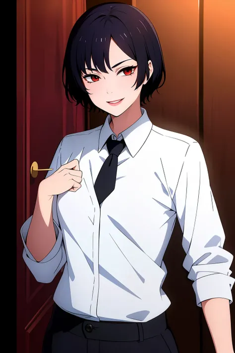 Cute girl, short hair, wearing a formal suit, Tie, big chest, sexy, lipstick, Smiling face, beautiful eyes, black hair, Hair neat and combed, with a red (X) behind it, Combat stance