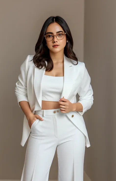 a woman in a white suit and white pants posing for a photo, vestindo terno branco, em roupas brancas, terno branco, vestindo ter...