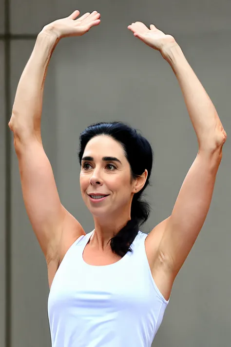 Sarah silverman lifting up her arms in a tank top