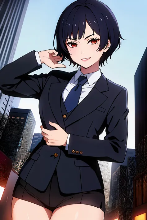 Cute girl, short hair, wearing a formal suit, Tie, big chest, sexy, lipstick, Smiling face, beautiful eyes, black hair, Hair neat and combed, with a red (X) behind it, Combat stance, Destroyed city in the background, sexy