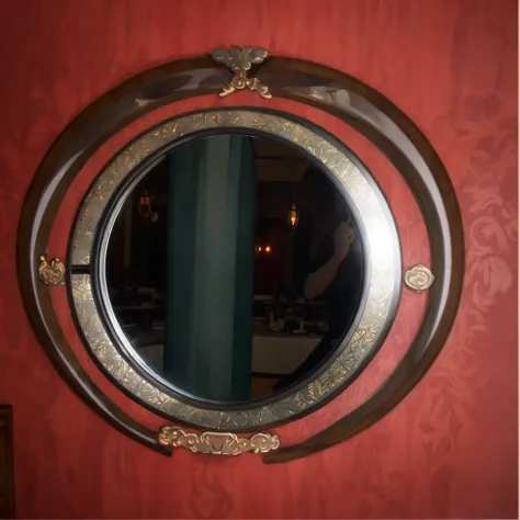 there is a round mirror on the wall of a restaurant, inside mirror, mirror and glass surfaces, art nouveau framing, meticulous detail, mirror, mirror texture, epic art nouveau framing, doctors mirror, meticulous details, art nouveau frame, mirrors, round w...