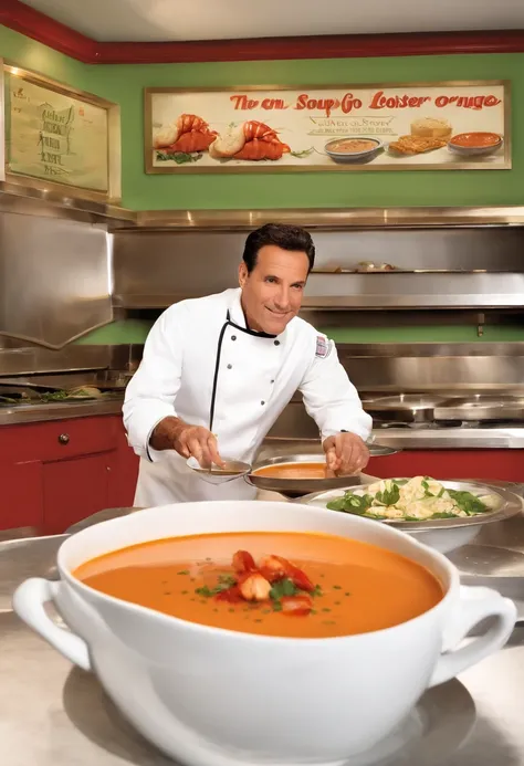 A perfectly arranged bowl of creamy lobster bisque with a drizzle of truffle oil and a garnish of fresh chives,Seinfeld TV show,The Soup Nazi’s appearance is that of a typical chef with a white chef’s uniform, but his intense, intimidating demeanor sets hi...