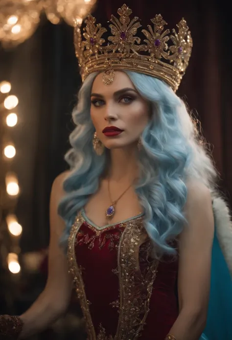 A photo of the character standing in front of a mirror, trying on an extravagant crown and holding a scepter.,original,She has long, ebony black hair with purple streaks and red tips, icy blue eyes "like limpid tears" (even when theyve mysteriously turned ...