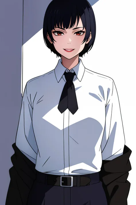 Cute girl, short hair, wearing a formal suit, Tie, big chest, sexy, lipstick, Smiling face, beautiful eyes, black hair, Hair neat and combed, red (X) behind she, Combat stance,X