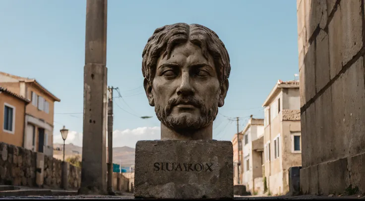 Ancient Stoic Statue With Very Angry Expression, tem barba, muitos detalhes em ambos os olhos, Outside, fundo atenas grego, open sky, com rosto extremamente detalhado full body view, Colors with low saturation with dark tone, Filmado em Sony A7S III com So...