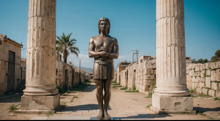 Ancient Stoic Statue With Very Angry Expression, tem barba, muitos detalhes em ambos os olhos, Outside, fundo atenas grego, open sky, com rosto extremamente detalhado full body view, Colors with low saturation with dark tone, Filmado em Sony A7S III com So...