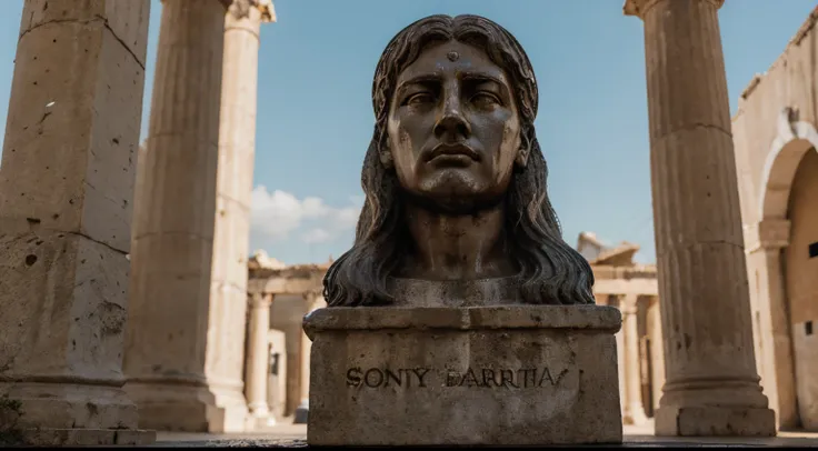 Ancient Stoic Statue With Very Angry Expression, tem barba, muitos detalhes em ambos os olhos, Outside, fundo atenas grego, open sky, com rosto extremamente detalhado full body view, Colors with low saturation with dark tone, Filmado em Sony A7S III com So...