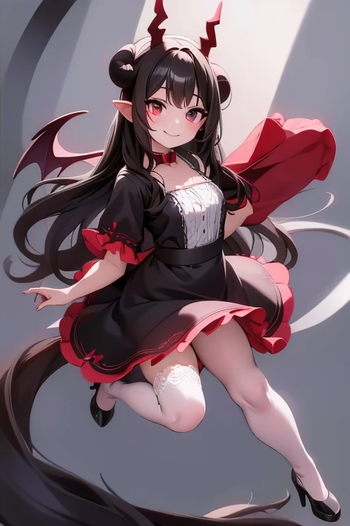 a (horned demon girl) smiling, wearing a lace cloth dress, black hair, red smokey eyes makeup, hair accesories, white hosiery, pumps, dramatic magic floating pose, (full body).