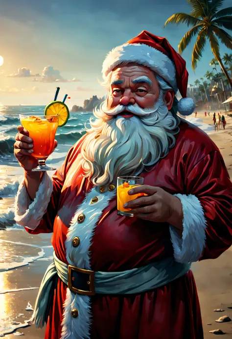 oil painting, heavy brush strokes, paint splashes., fat santa relaxing on the beach checking his list, rinking a cocktail, weari...