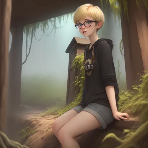 movie, college student, 20 year old woman, slightly overgrown pixie cut, dyed blond hair with brown overgrown roots, freckles, black glasses