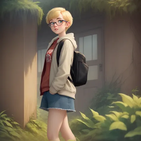 movie, college student, 20 year old Pixar animation, woman, slightly overgrown pixie cut, dyed blond hair with brown overgrown roots, freckles, black glasses