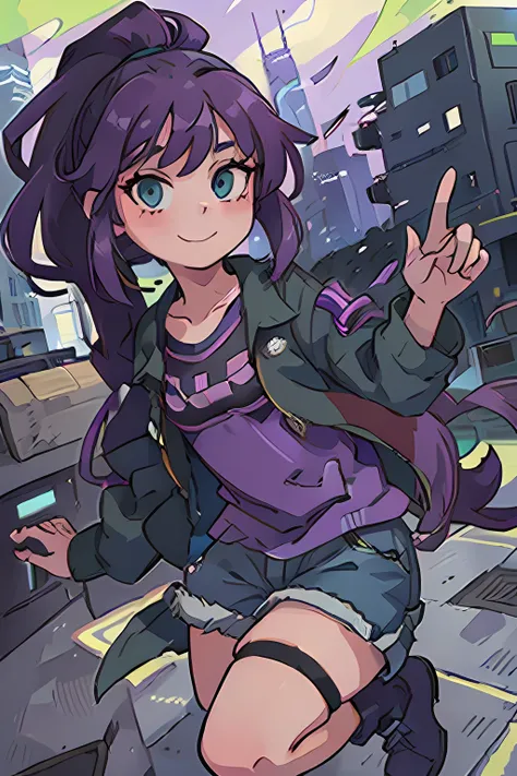 1girl, long purple hair, ponytail, green eyes, wearing plain lime shirt, indigo jacket, blue sports shorts, black small boots, city park, absurdres, high res, ultrasharp, 8K, masterpiece, smiling with mouth closed, looking and waving at viewer