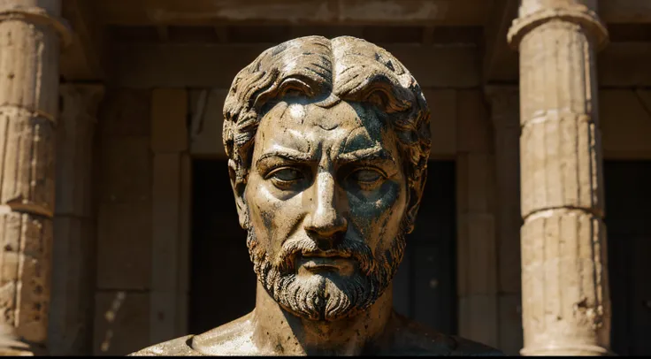 Ancient Stoic Statue With Very Angry Expression, tem barba, muitos detalhes em ambos os olhos, Outside, fundo atenas grego, open sky, com rosto extremamente detalhado full body view, Colors with low saturation with dark tone, Filmado em Sony A7S III com So...