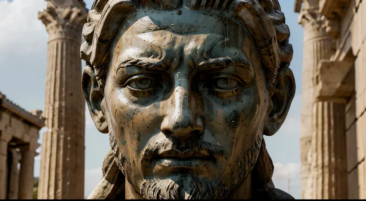 Ancient Stoic Statue With Very Angry Expression, tem barba, muitos detalhes em ambos os olhos, Outside, fundo atenas grego, open sky, com rosto extremamente detalhado full body view, Colors with low saturation with dark tone, Filmado em Sony A7S III com So...