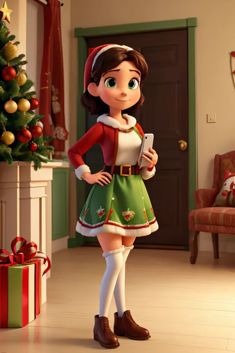 Create a 30 year old woman, short dark hair, green eyes, pixar style, full body, dressed as Santa Claus, she is ready to celebrate Christmas with her family, she is holding a cell phone in her hand, showing the camera the screen cell phone